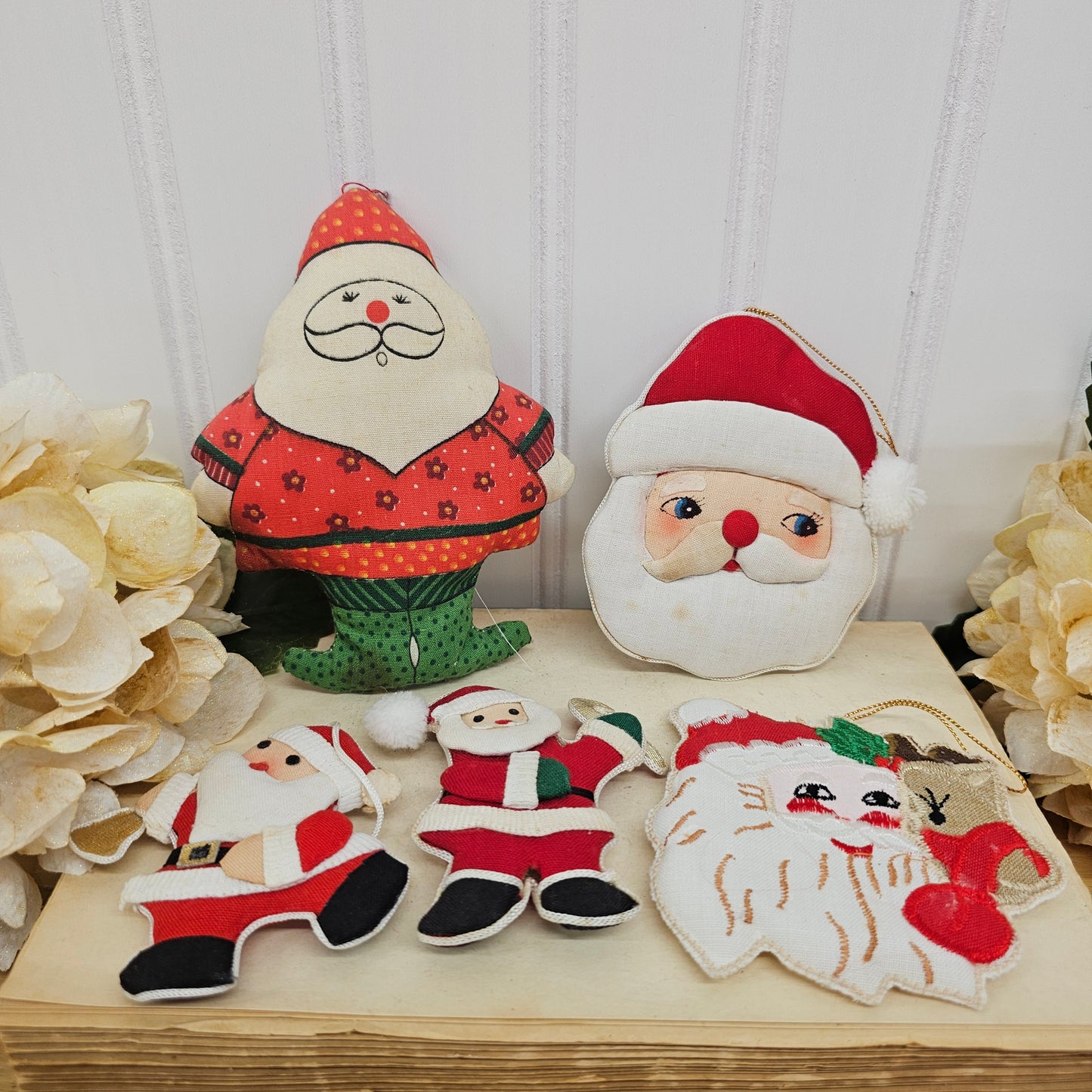 Set of 5 fabric Santa ornaments