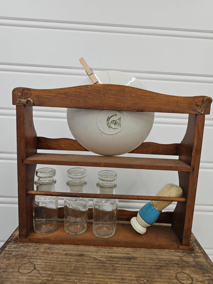 10 inches tall x 11 inches wide wooden shelf comes with all items pictured