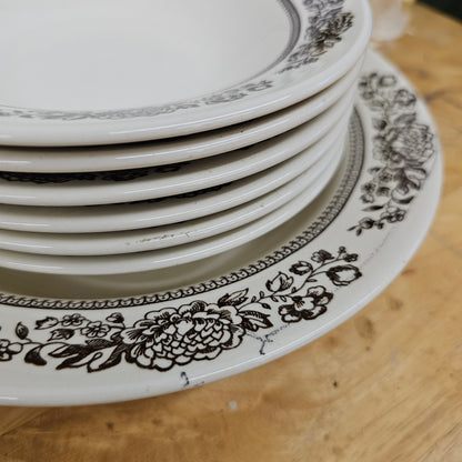 Set of 6 brown & ivory floral small bowls & 1 large bowl - USA