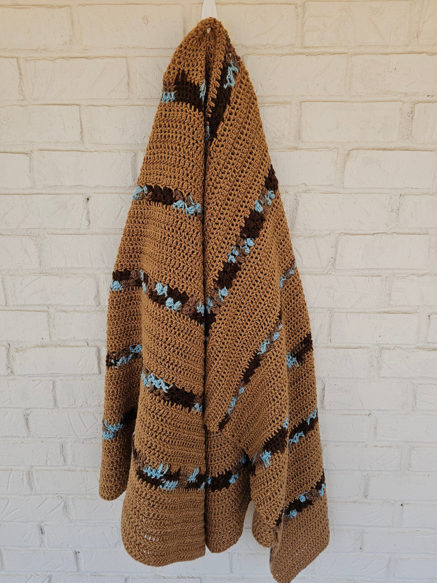 Brown & Blue Crocheted Afghan blanket, approximately 71" x 40"
