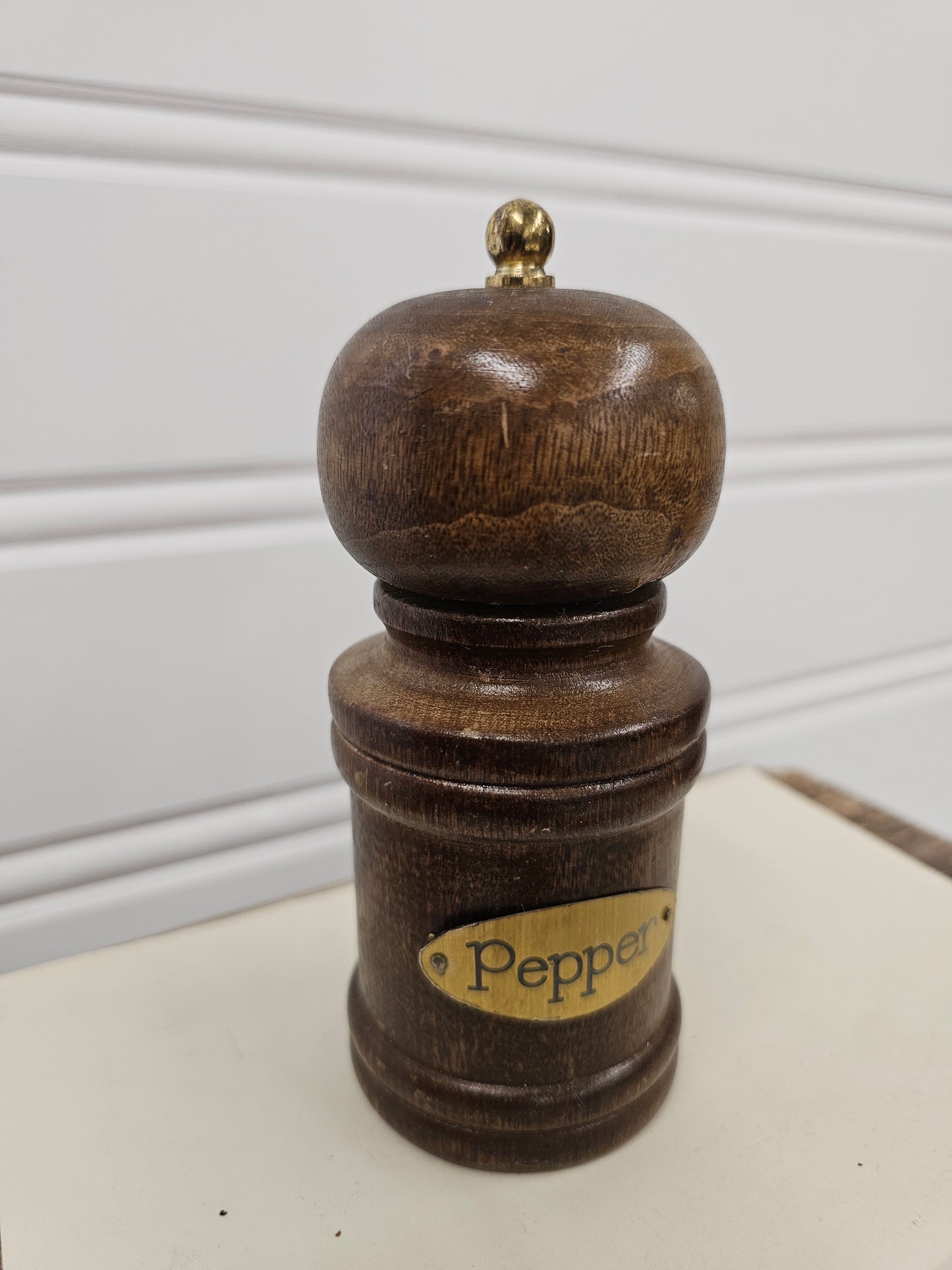 vintage wood and brass pepper grinder
