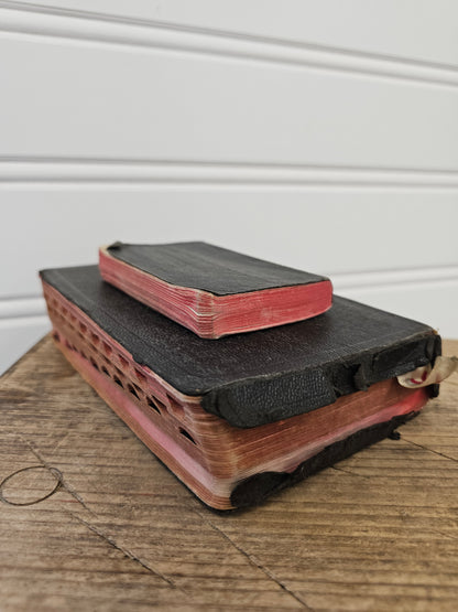 set of 2 vintage bibles - black leather with red pages