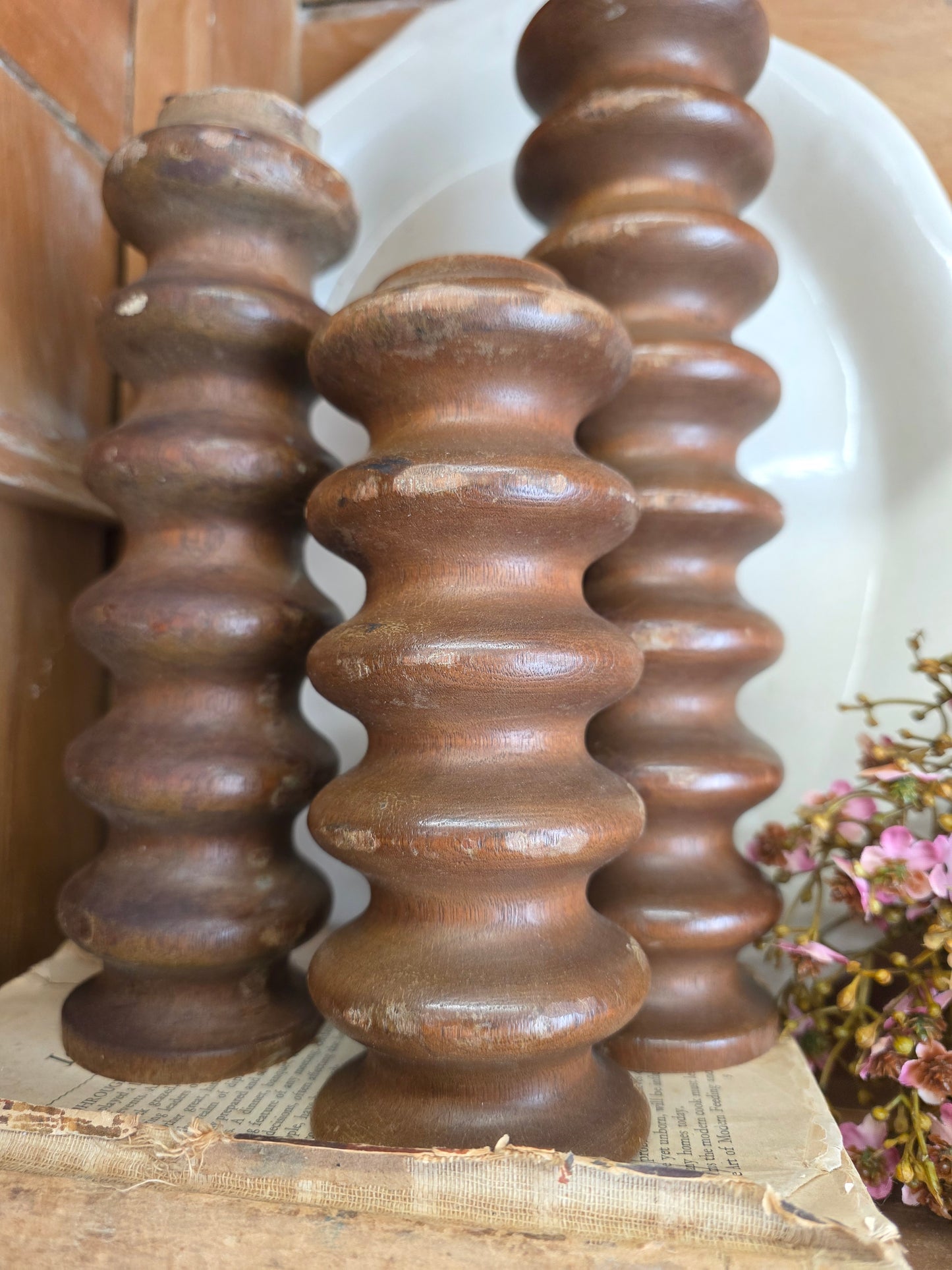 11", 9", 7" wood spindles set of 3