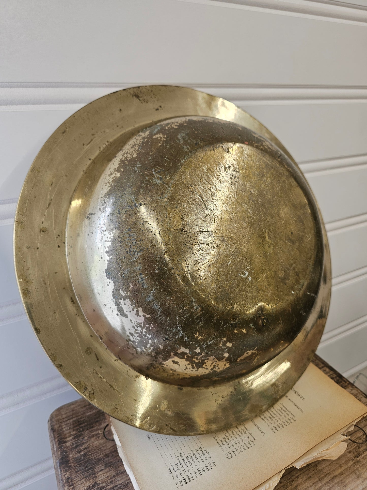Large Vintage Brass Bowl with blue design