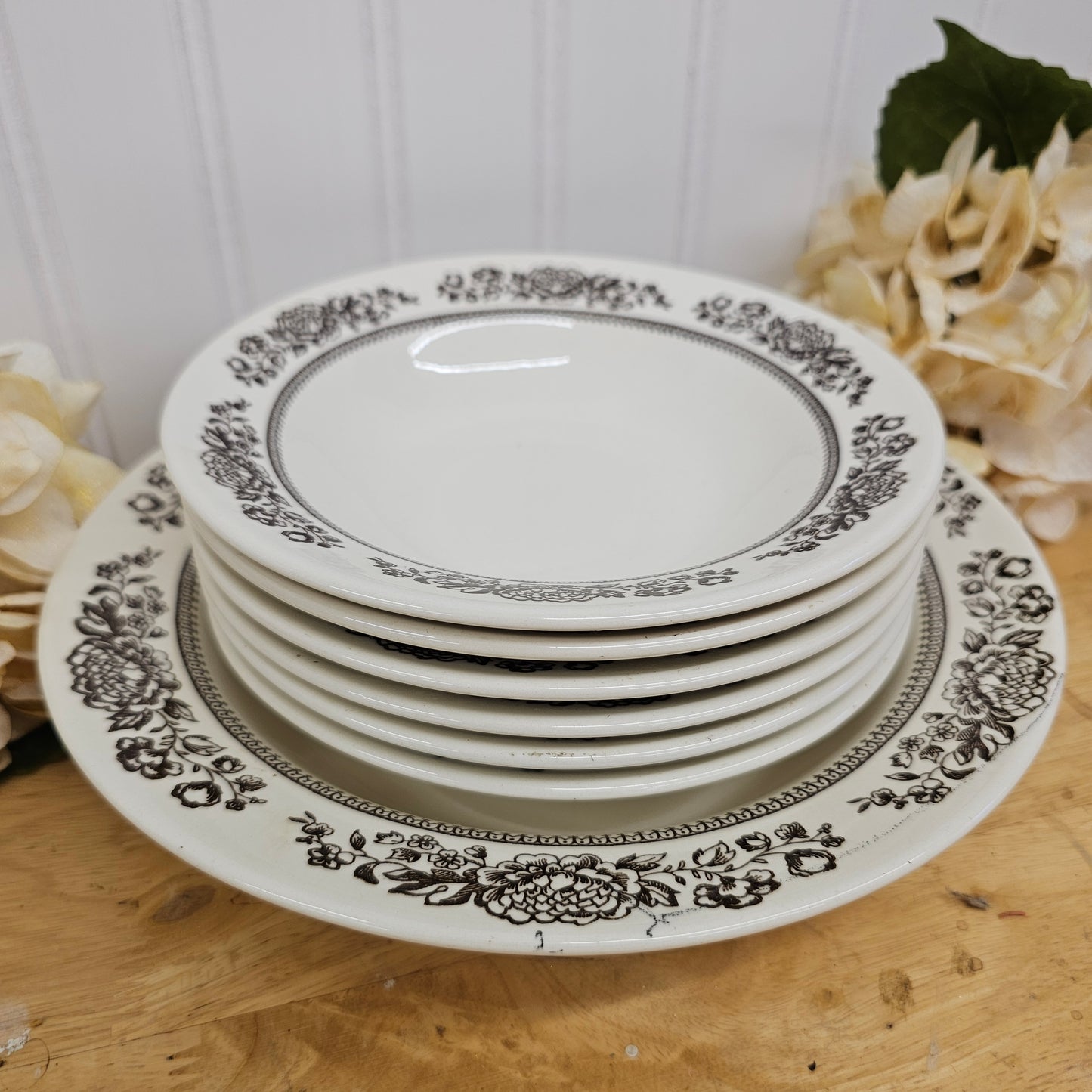 Set of 6 brown & ivory floral small bowls & 1 large bowl - USA