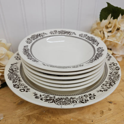 Set of 6 brown & ivory floral small bowls & 1 large bowl - USA