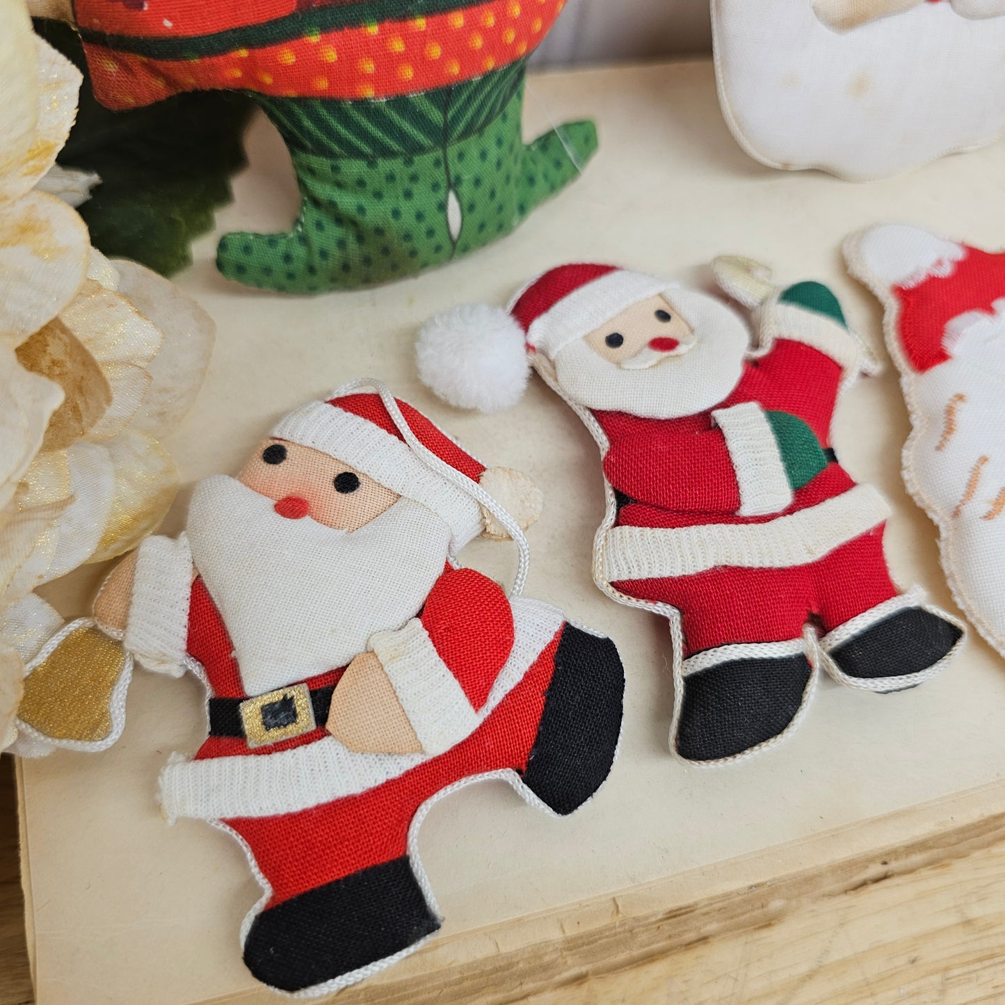 Set of 5 fabric Santa ornaments