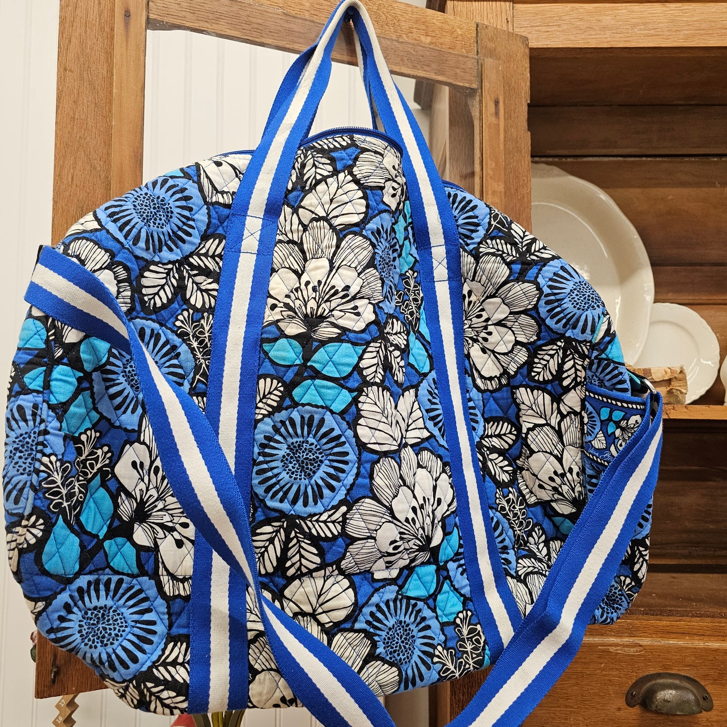 Vera Bradley blue bayou travel duffle bag, approx 19" x 17"