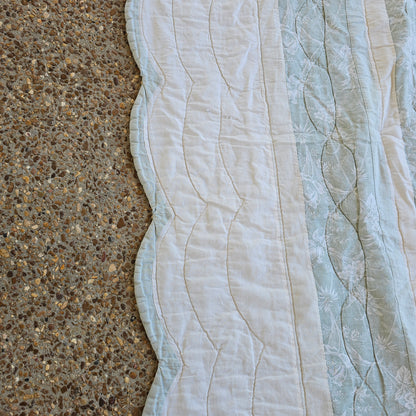 Blue/green scalloped edge quilt, approx 79" x 79" as is