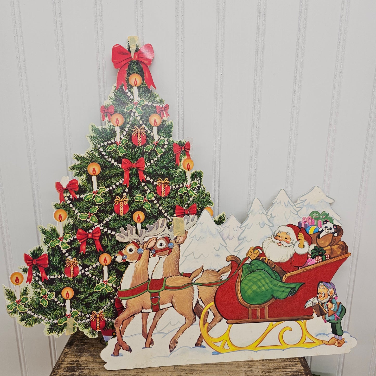 Vintage Christmas tree & Santa in sleigh die cuts