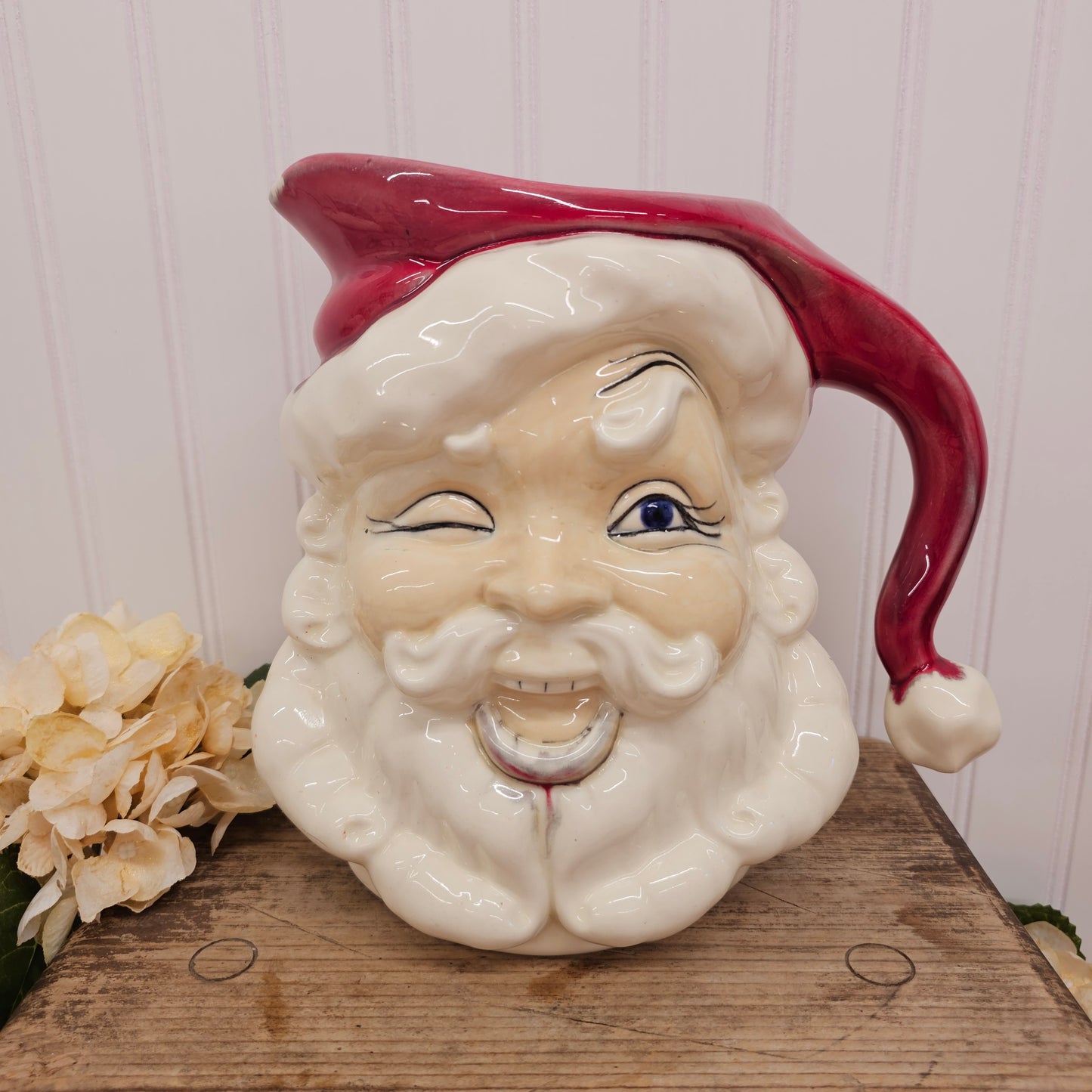 1969 large winking santa pitcher - handpainted glaze
