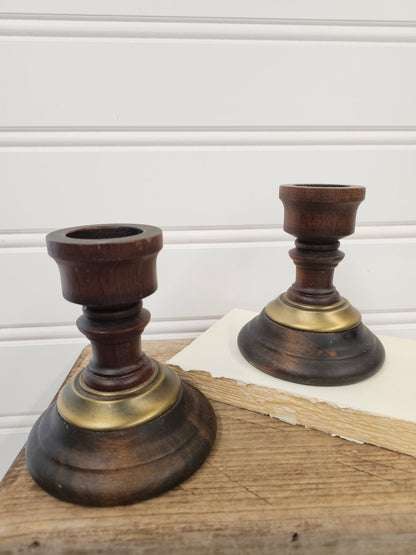 set of 2 vintage wood and gold candle holder