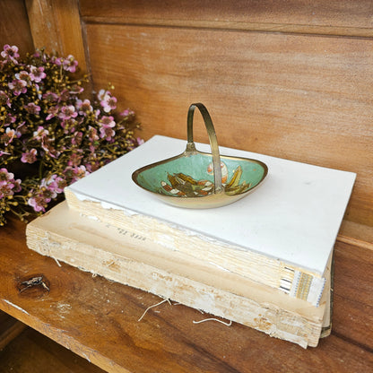 vintage brass & enamel green Christmas basket with handle
