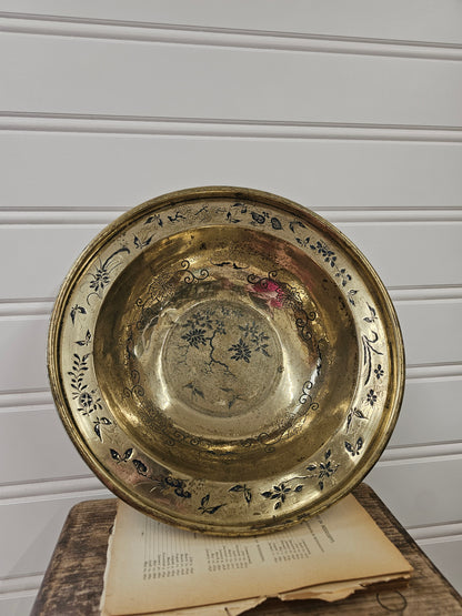 Large Vintage Brass Bowl with blue design