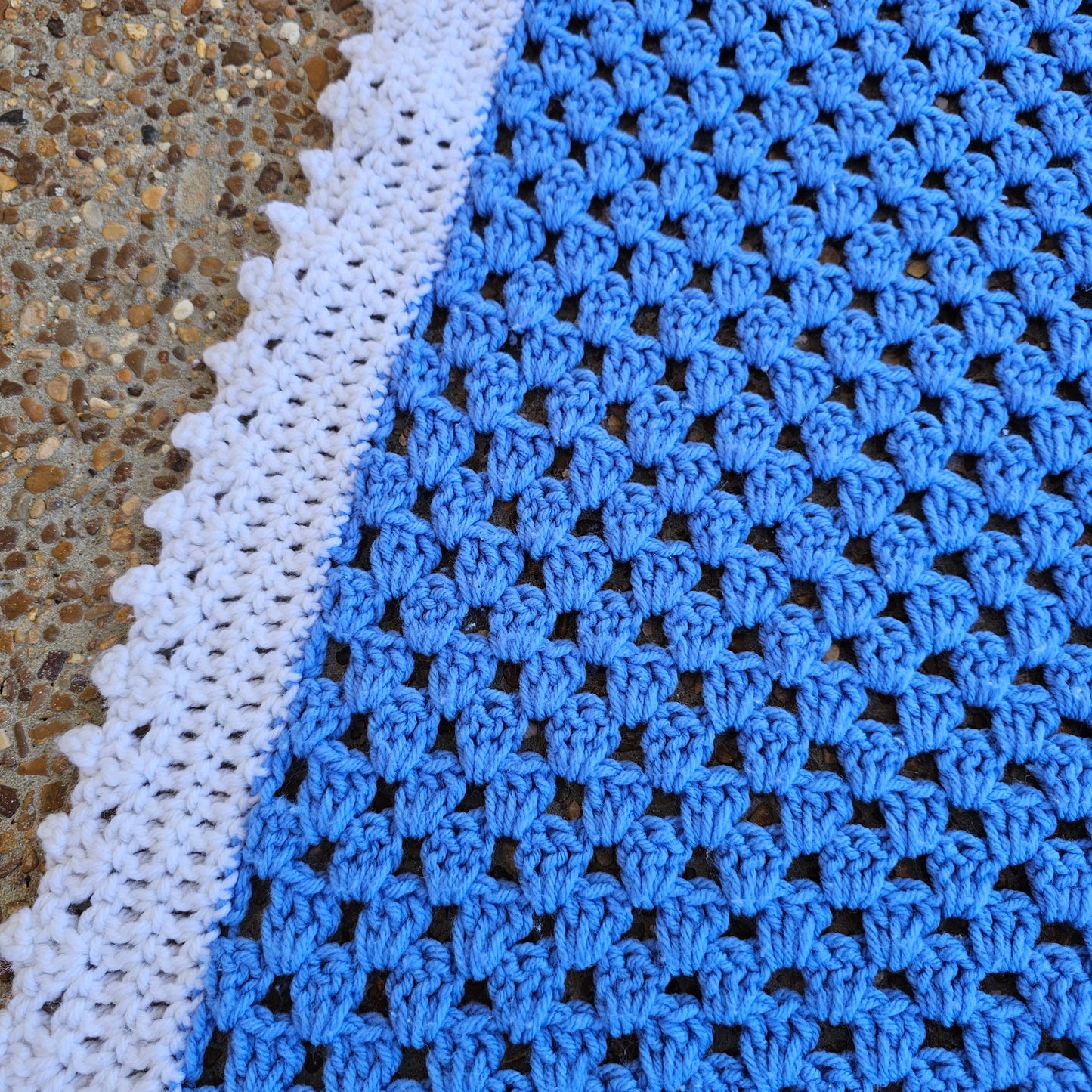 Blue and white Afghan, approx 53" x 56"