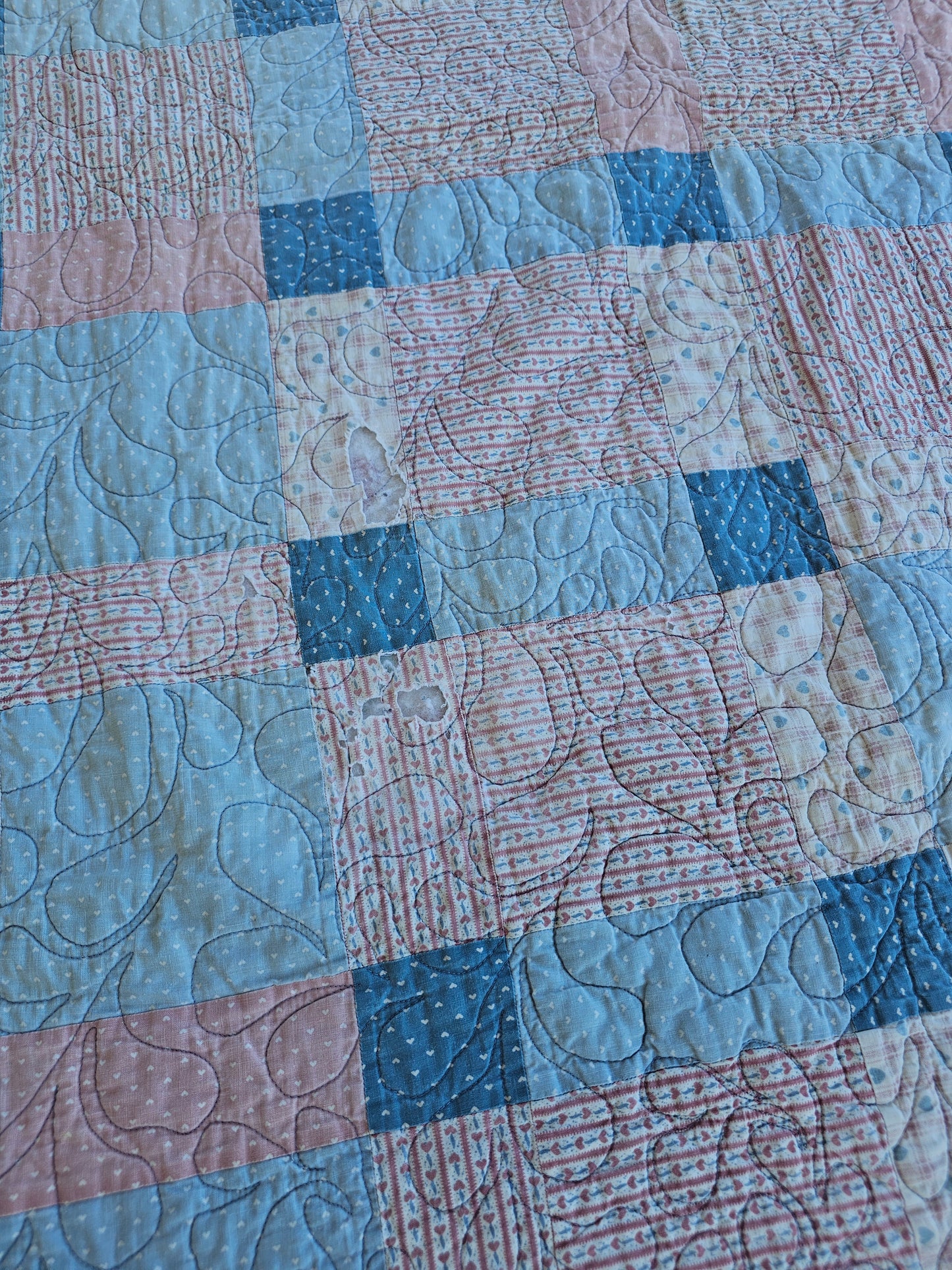 Handmade Double Sided Blue & Pink Quilt, approximately 56" x 39" - as is