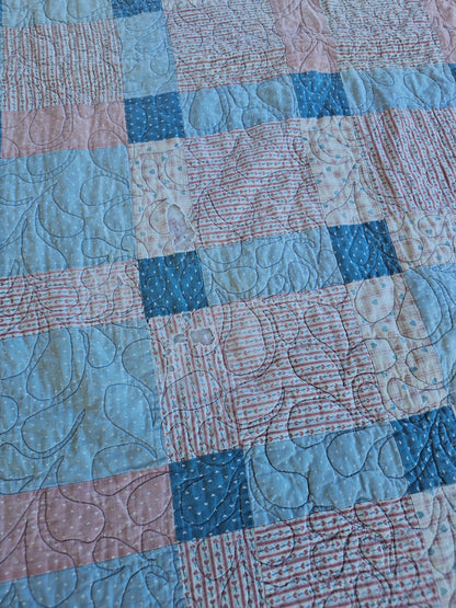 Handmade Double Sided Blue & Pink Quilt, approximately 56" x 39" - as is