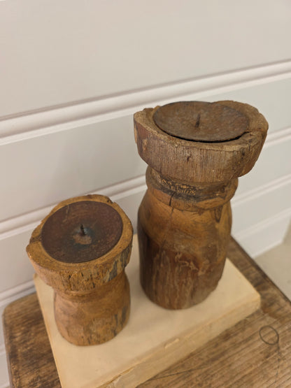 Primitive Wood Candle Holder Set 8" & 5"