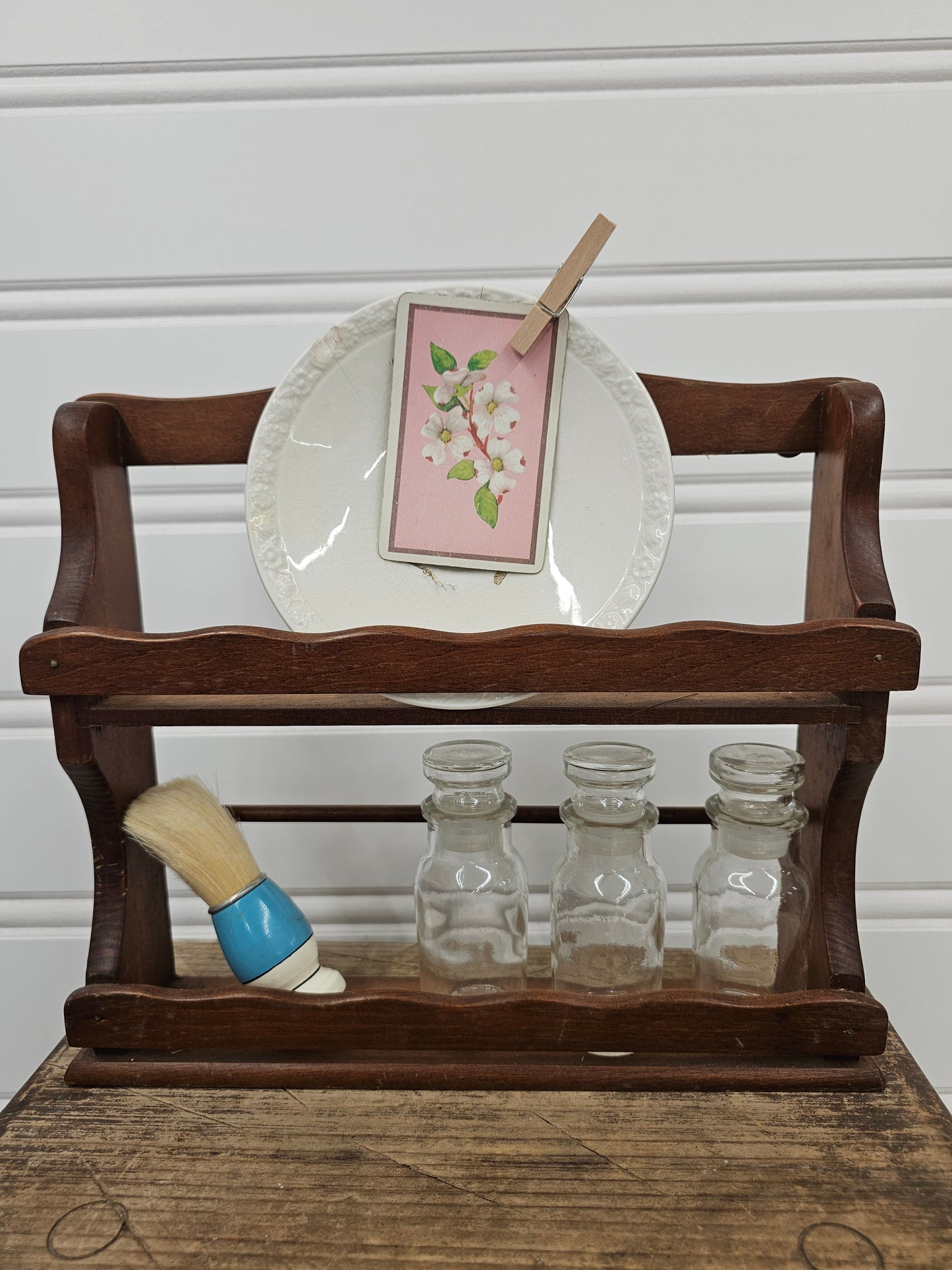 10 inches tall x 11 inches wide wooden shelf comes with all items pictured