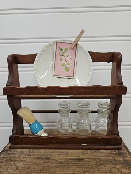 10 inches tall x 11 inches wide wooden shelf comes with all items pictured