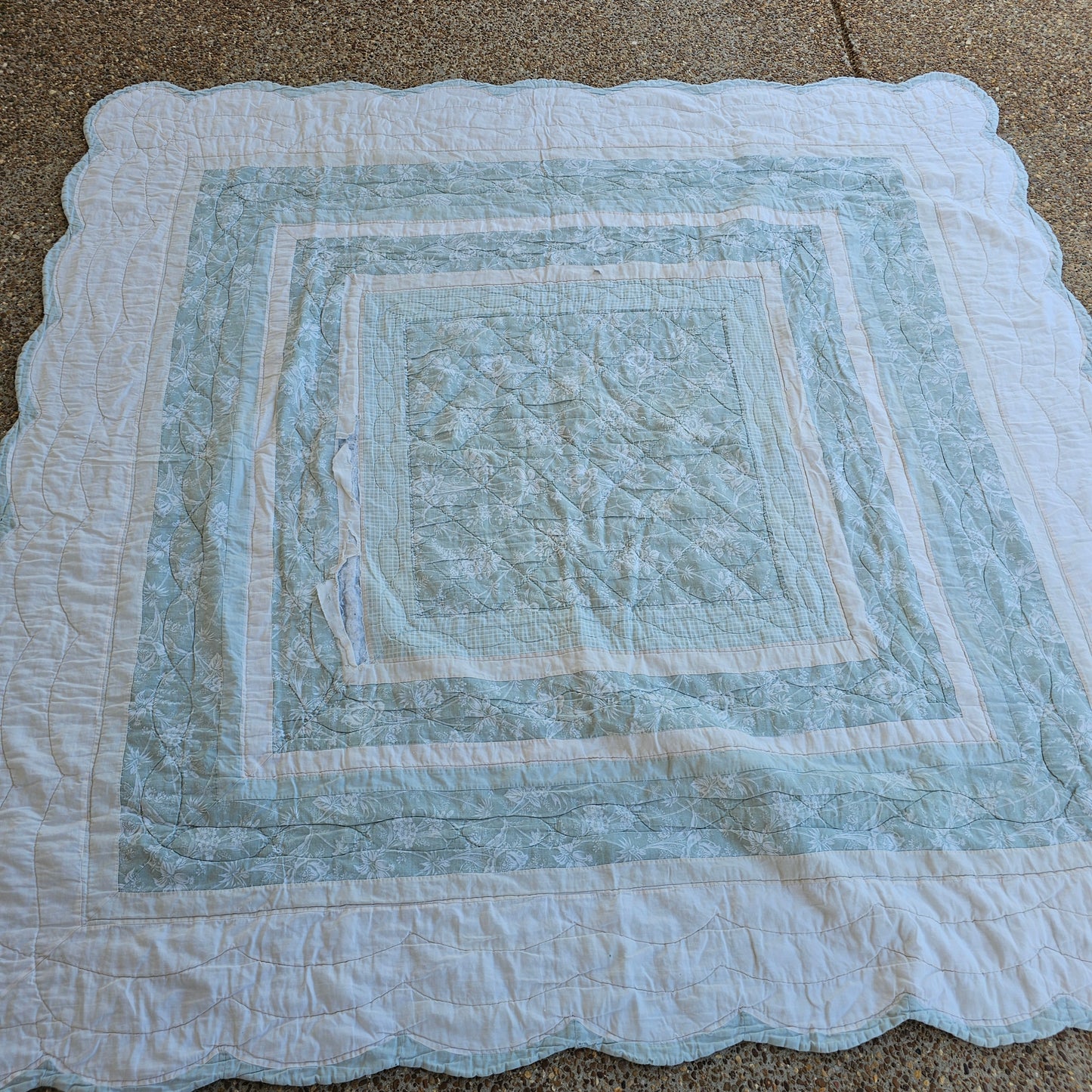 Blue/green scalloped edge quilt, approx 79" x 79" as is