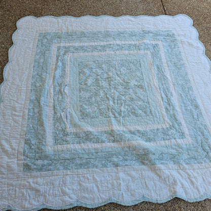 Blue/green scalloped edge quilt, approx 79" x 79" as is