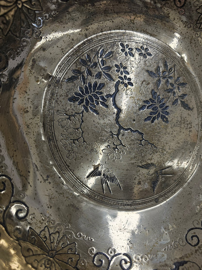 Large Vintage Brass Bowl with blue design