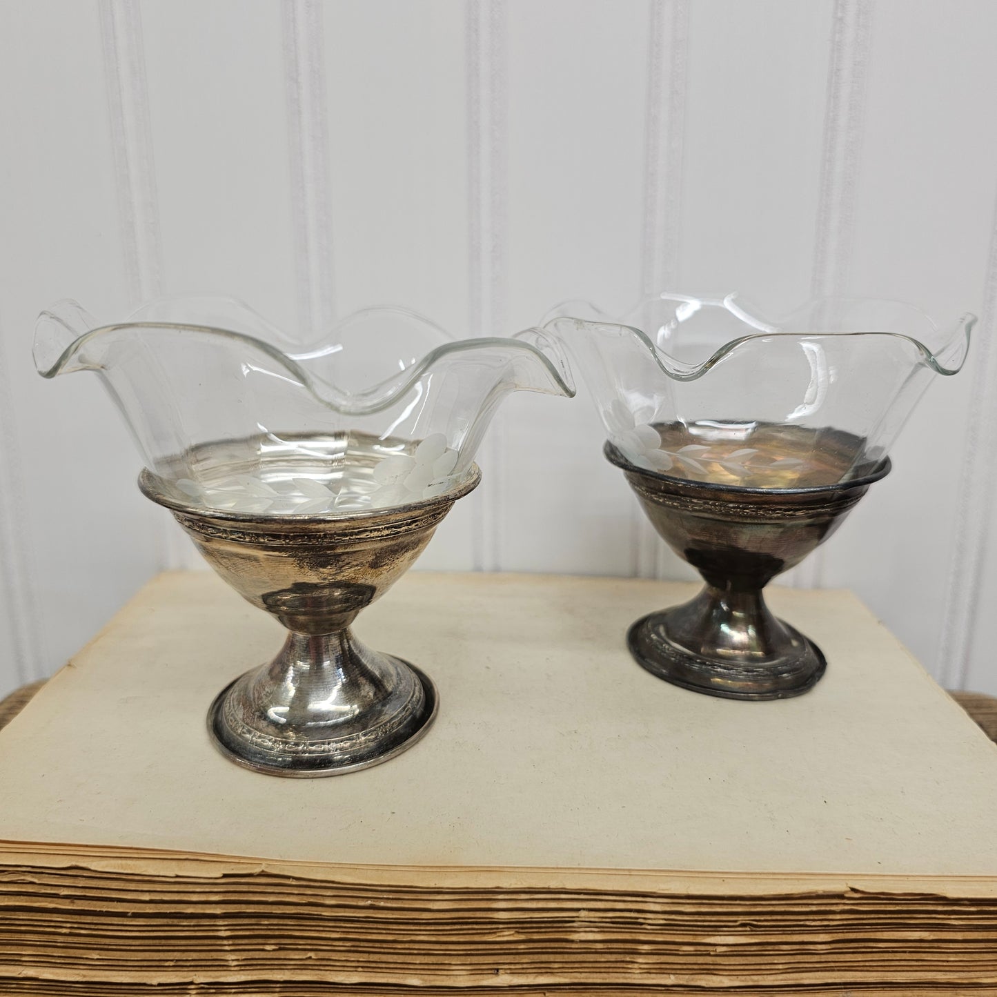 2 Ruffled edge sherbet cups with etched detail
