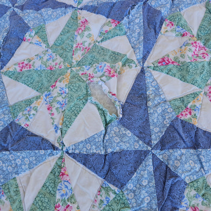 Blue floral quilt, approx 79" x 71", as is