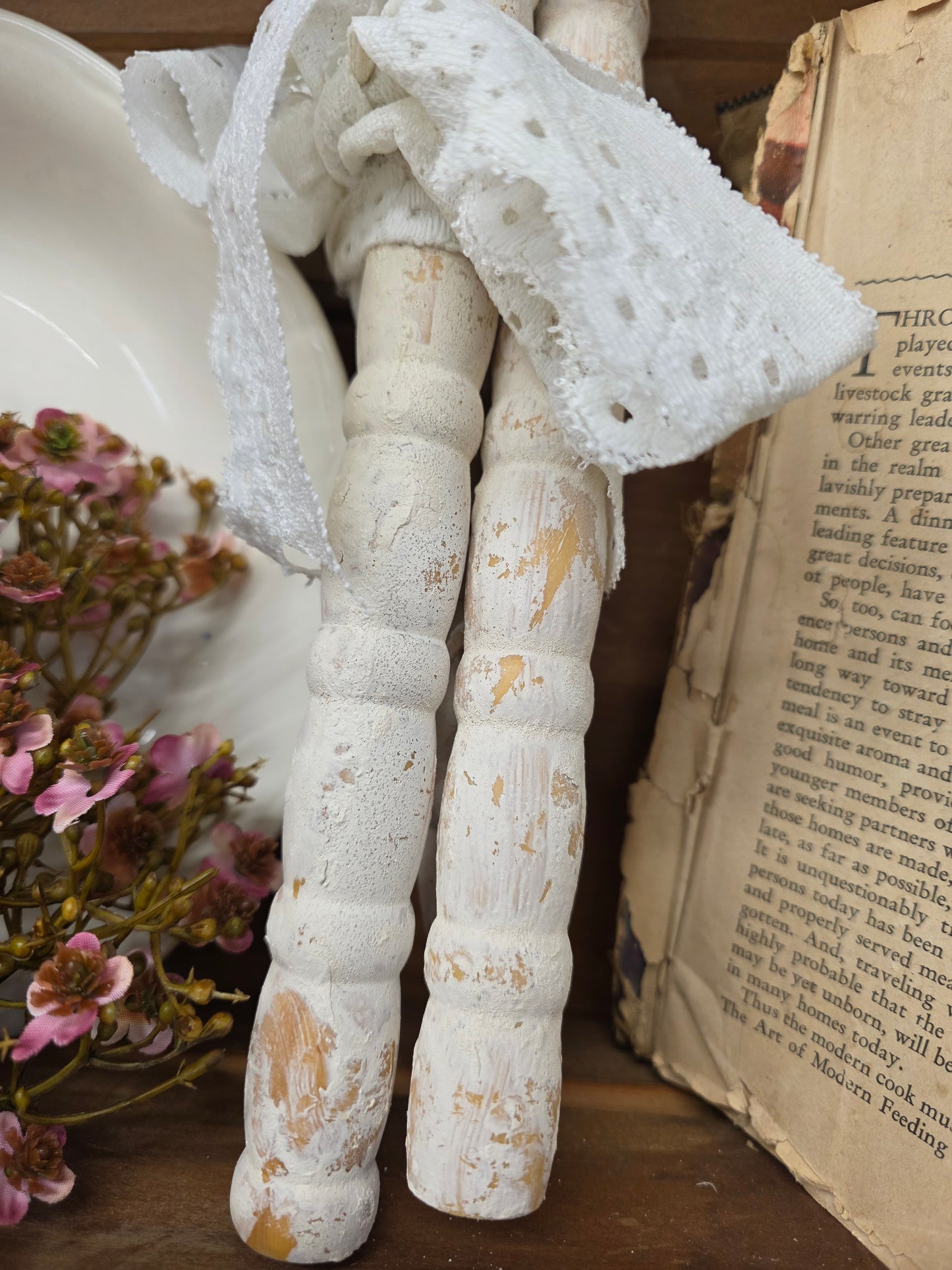 Set of 3 chippy white wood spindles