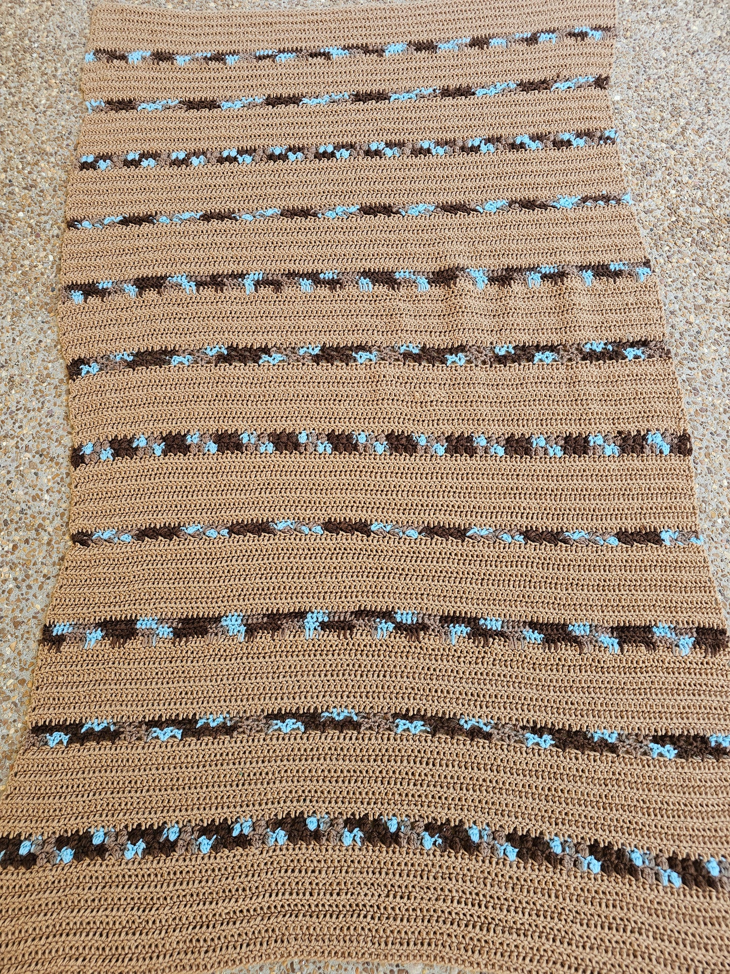 Brown & Blue Crocheted Afghan blanket, approximately 71" x 40"