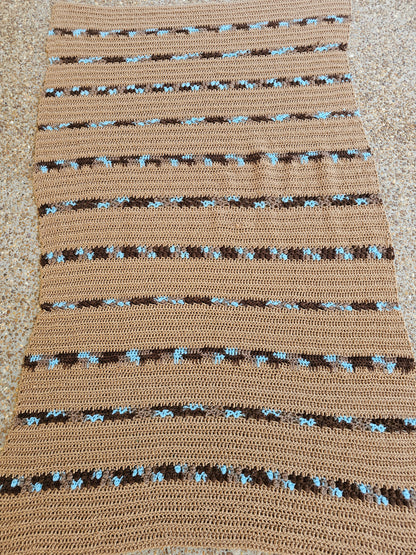 Brown & Blue Crocheted Afghan blanket, approximately 71" x 40"