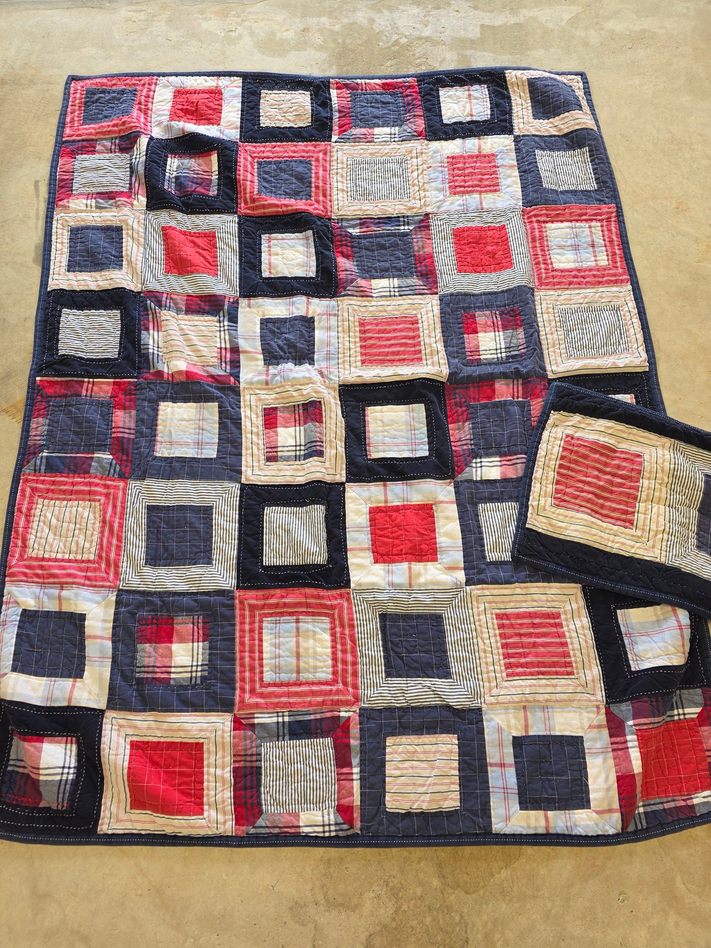 red white blue patchwork Pottery Barn quilt and sham 87" x66" twin size